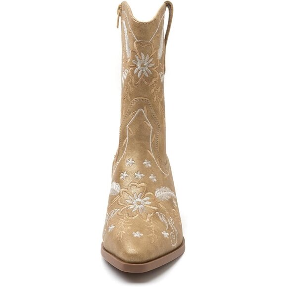 Anjoufemme Mid-Calf Boot Gold Polyurethane Embroidered Round-toe - Picture 4 of 8